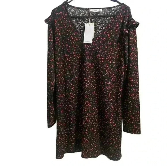 Mango Rose Pattern Ruffle Sleeve Dress Size Large - Picture 2 of 7